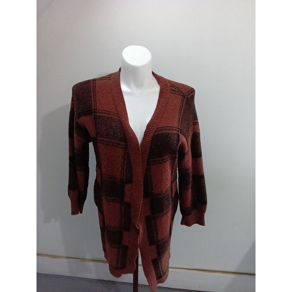 Time and Tru Rust Brown Plaid Open Front Cardigan Long Sleeve Size L